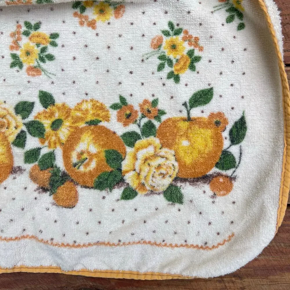 Vintage 70s Terrycloth Apron Fruit Floral Yellow Tie Back Retro Kitchen Hostess